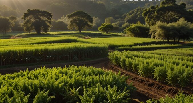 Pratica di agroforestazione che integra alberi e colture per sostenere l’ecosistema